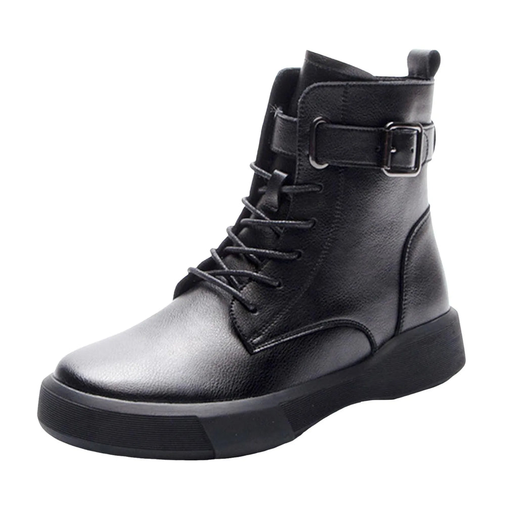 Women'S Fashionable Versatile Ankle Boots British Retro Belt Plus Velvet Short Suede Boots For Women Lace Up Flat Shoes Botines