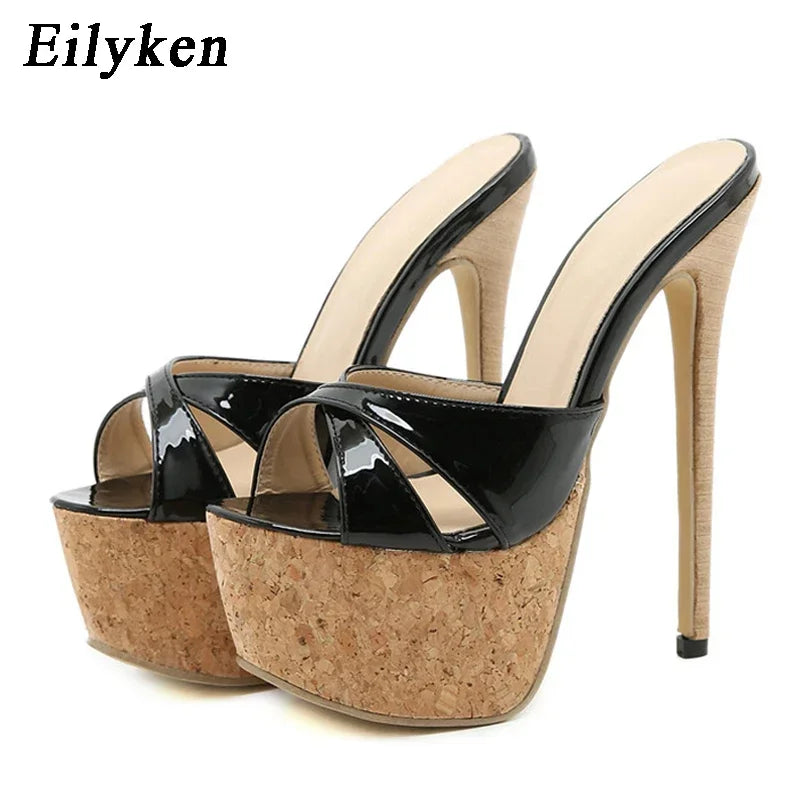 Eilyken Sexy Super High Heels Slippers Sandals Women PU Leather Party Shoes Fashion Platform Peep Toe Slip On Mules