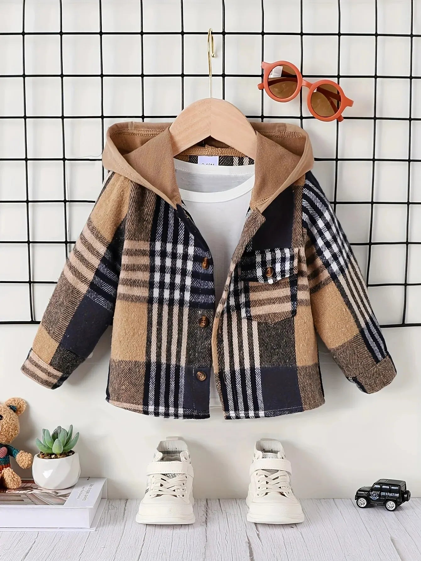 Autumn and Winter English Style Baby Boy Plaid Jacket Outdoor Casual Fashion Foreign Warm New Street Hooded Pocket Coat