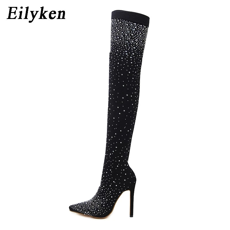 Eilyken Design Crystal Rhinestone Stretch Fabric Sexy High Heels Sock Over-the-Knee Boots Pointed Toe Pole Dancing Women Shoes