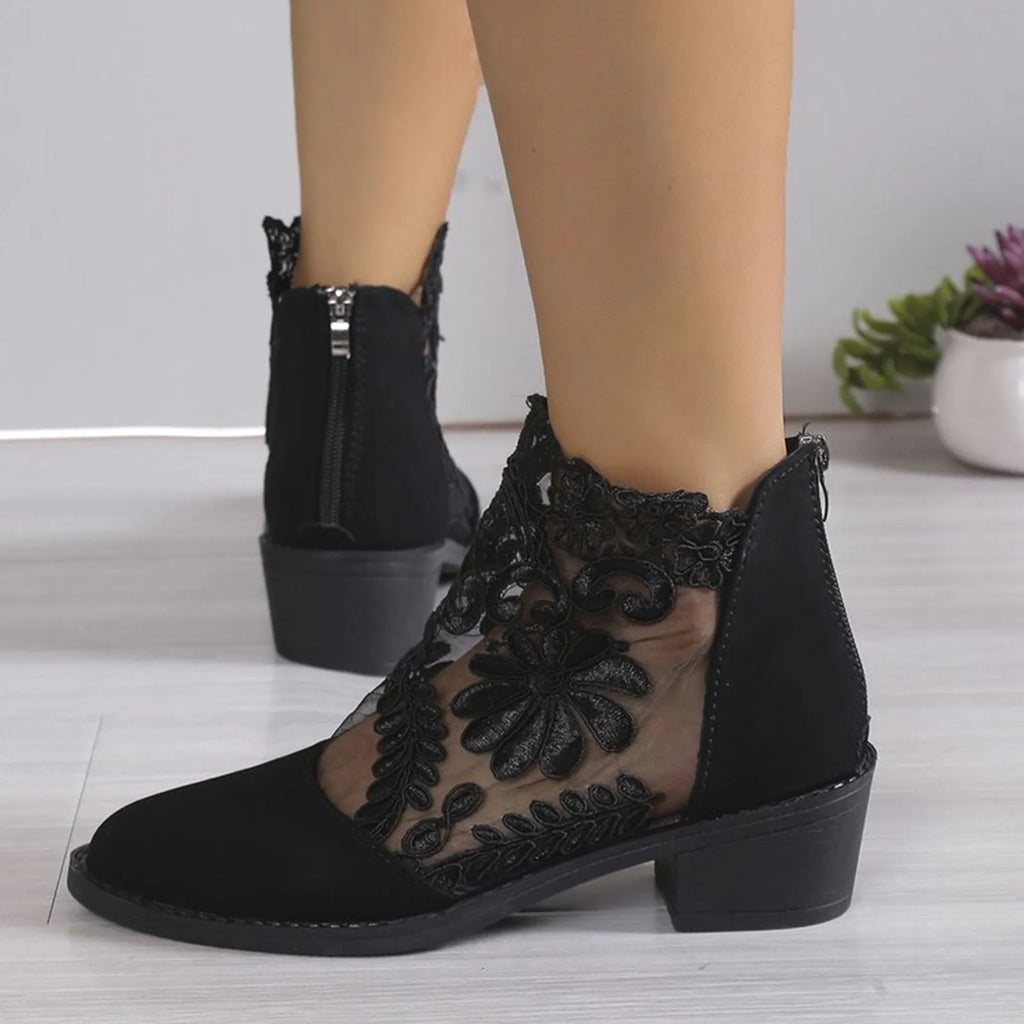 Women's Sandals Embroidery Fish Mouth Shoes Mid-Heel Large Size Women's Shoes Breathable Women's Shoes Lace Mesh High Heels