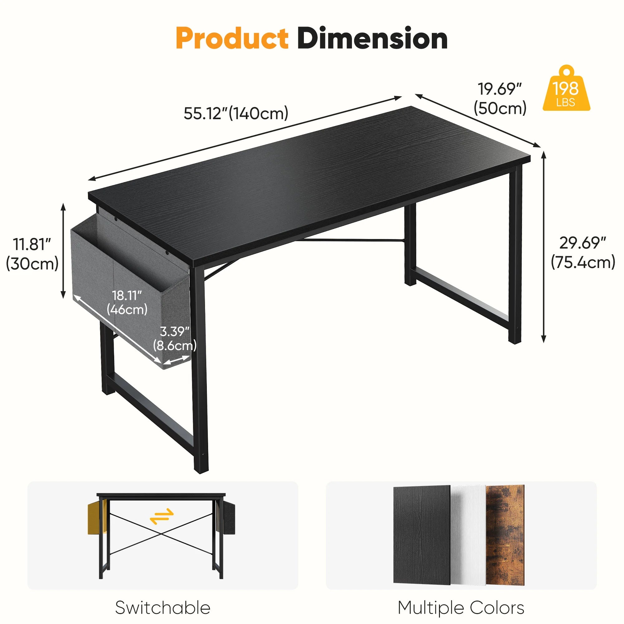 JHK 31IN to 55IN Computer Office Desk Writing Study Office Gaming Table with Storage Bag Metal Frame Wood Tabletop Easy Assembly
