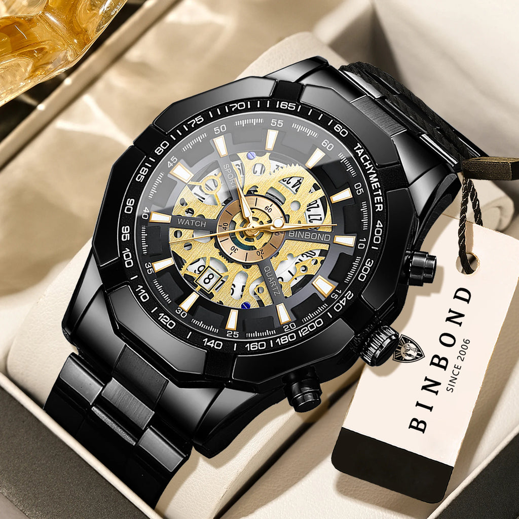 BINBOND Luxury hollow-out quartz wristwatch for men luminous waterproof chronograph men's watch business sport fashion reloj