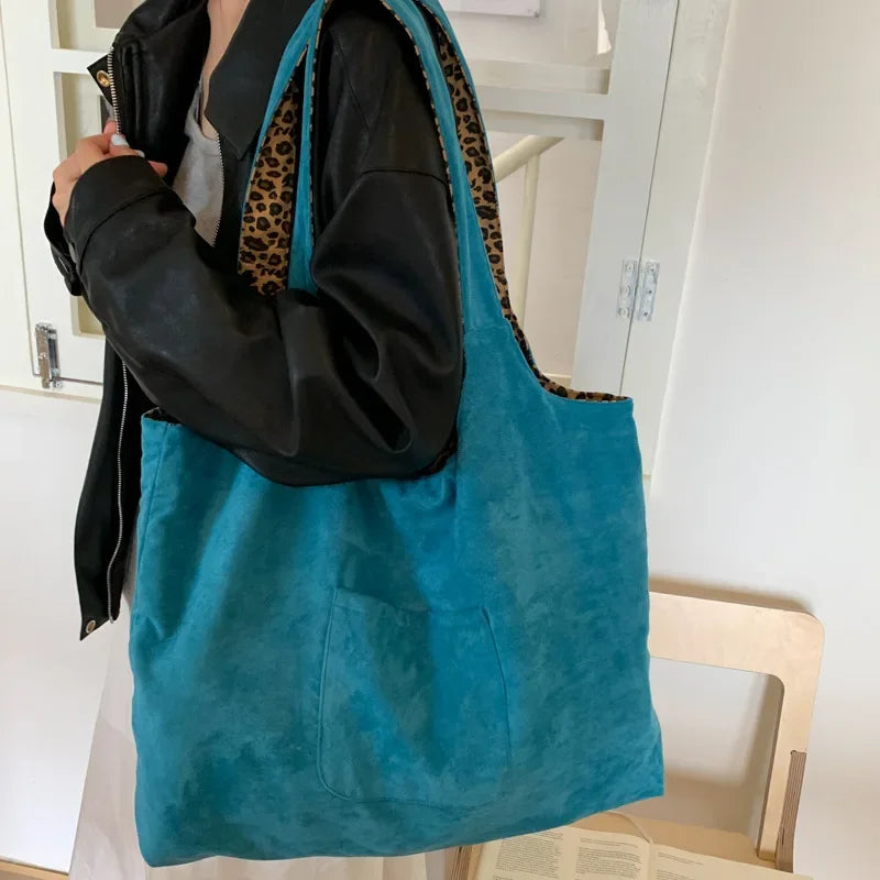 Leopard Print Vest Shoulder Bag for Women Double-sided Female Retro Suede Tote Purse Fall Winter Ladies Contrast Color Handbags