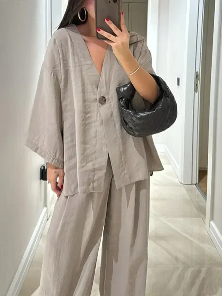 Cozy Cotton Linen Women's 2 Piece Set Casual V Neck Single Button Shirt Wide Leg Pants Suit Lady Summer Commute Streetwear 2025