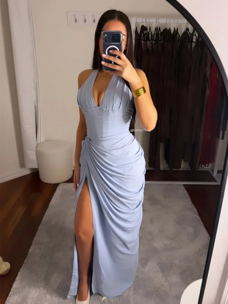 Elegant Yellow Strapless Pleated Long Dress Women Chic Solid Sleeveless Waist Cinching Split Gown 2026 Lady Evening Party Robes