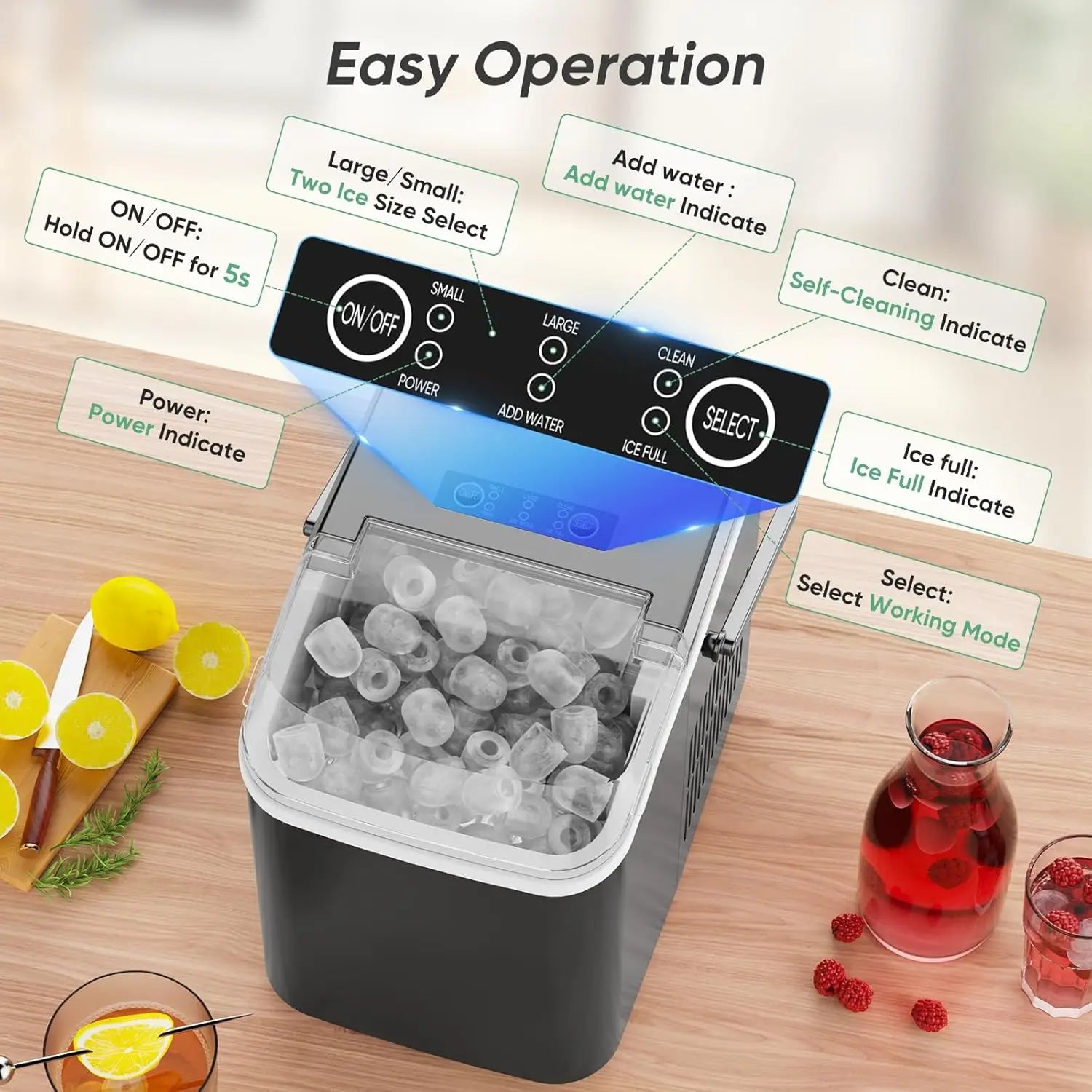Portable Countertop Ice Maker, 26lbs/24H, 9 Cubes in 6 Mins, Self-Cleaning, Quiet for Home Kitchen RV Camping