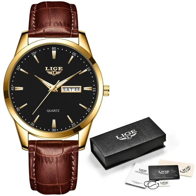 LIGE Fashion Watches Men Top Brand Luxury Quartz Watch Men Leather Strap Waterproof Business Casual Men Wristwatches Clock