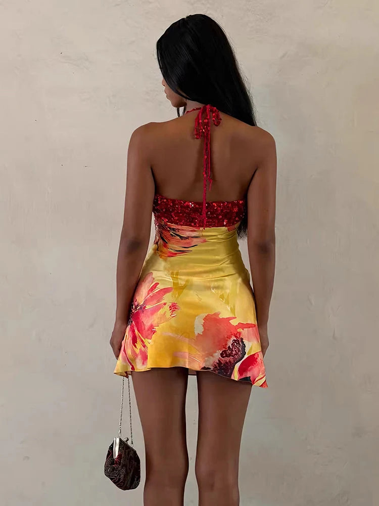 Sisterlinda Backless Dress Women Trend Floral Print Halter Sequin Patchwork Bandages Sleeveless Stretch Sexy Vacation Bodycon