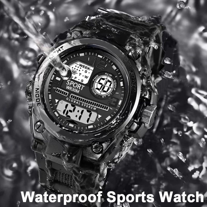 Black Sports Watch for Kids Students Men's Multifunction LED Digital Watch Waterproof Luminous Alarm Clock Electronic Watches