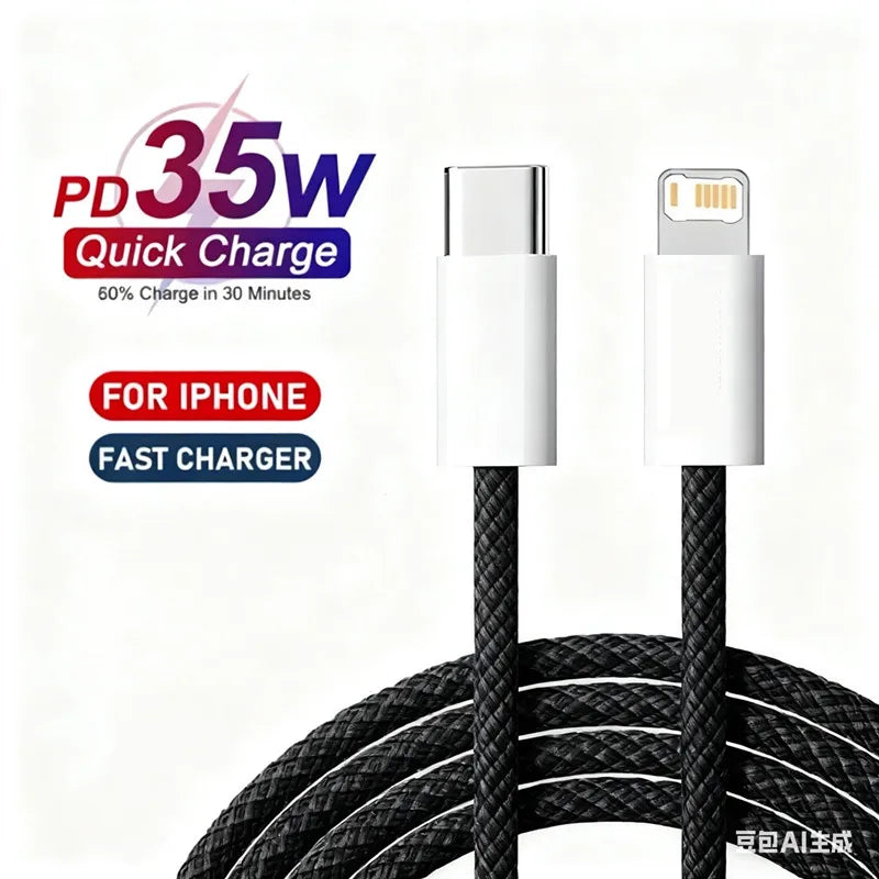 1m 2mPD Braided 35W Fast Charge Cable For iPhone 13 14 Pro Max 11 12 mini X XR XS Max 7 8 Plus Quick Charging USB-C Data Cables