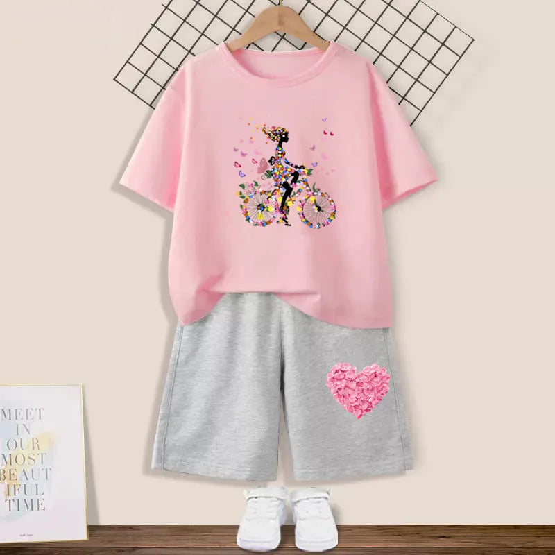 2024 Summer Girls Cotton Clothing Sets Kids Cute Cartoon Butterfly High Heel T-shirt +Shorts 2Pce Suits Childrens Tracksuits