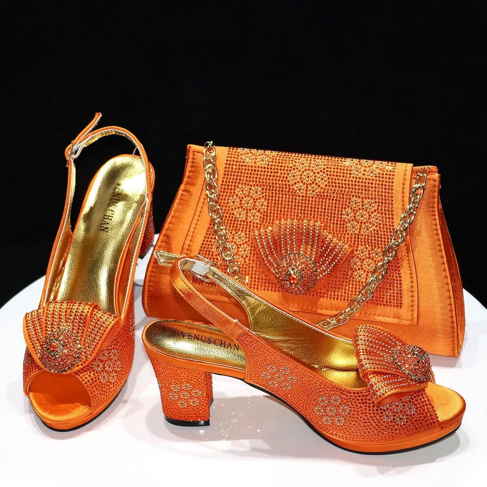 Venus Chan 2024 Italian Shoes And Bag Sets For Evening Party With Stones Italian Satin cloth  Rhinestone bow Handbags Match Bags