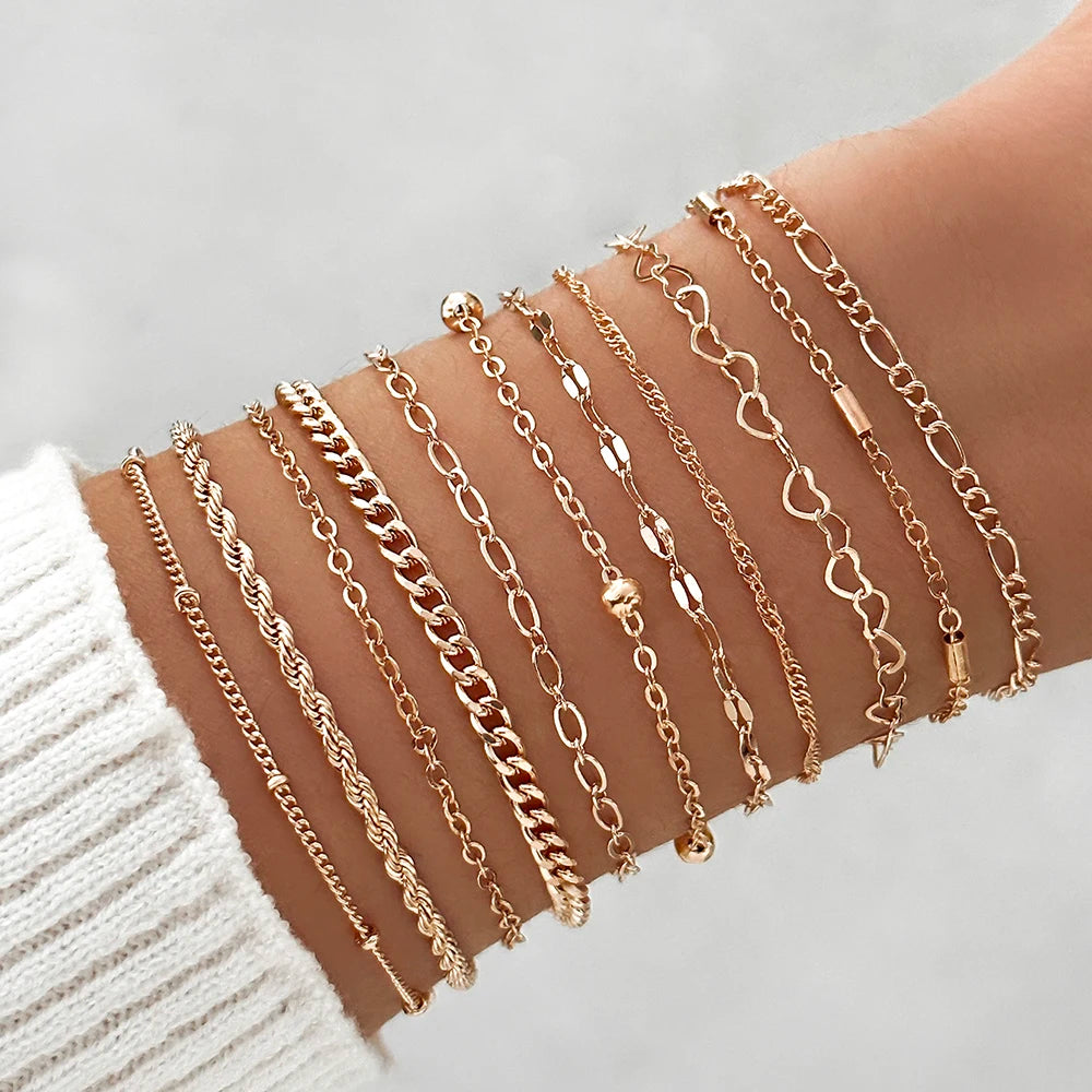 11pcs/Set Stylish Simple Punk Style Heart Beaded Splicing Hollow Chain Bracelet Set Suitable For Women's Daily Wear Gift Giving