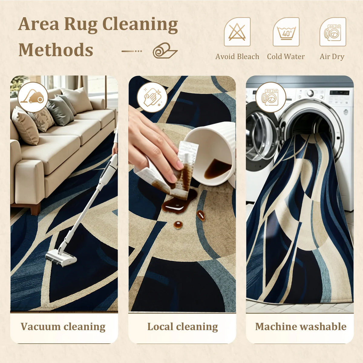 Large Indoor Area Rug, Soft Velvet Low Pile, Non-slip Dotted Backing, Machine Washable, Abstract Wavy Navy & Beige Pattern for Living Room and Bedroom