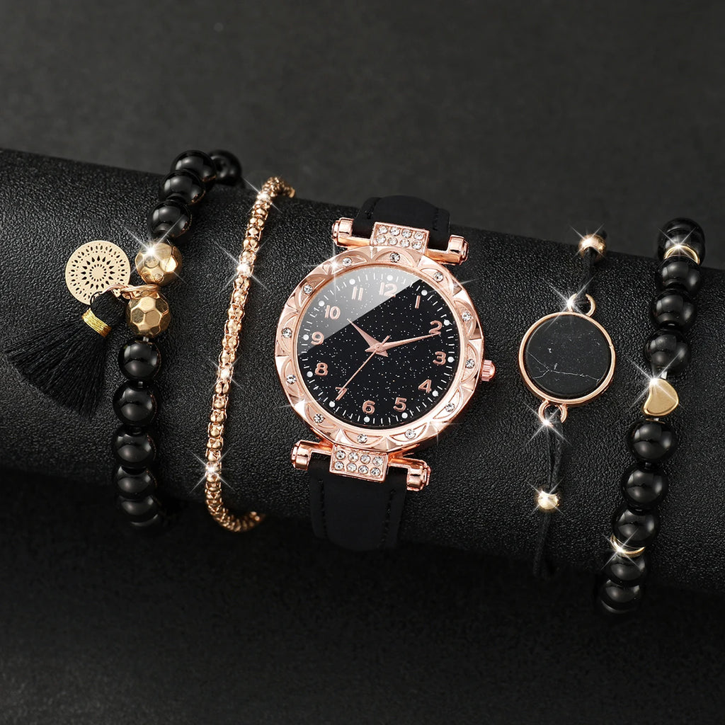 5PCS/Set Women's Watch Fashion Rhinestone Leather Band Quartz Watch Beads Bracelets Set(Without Box)
