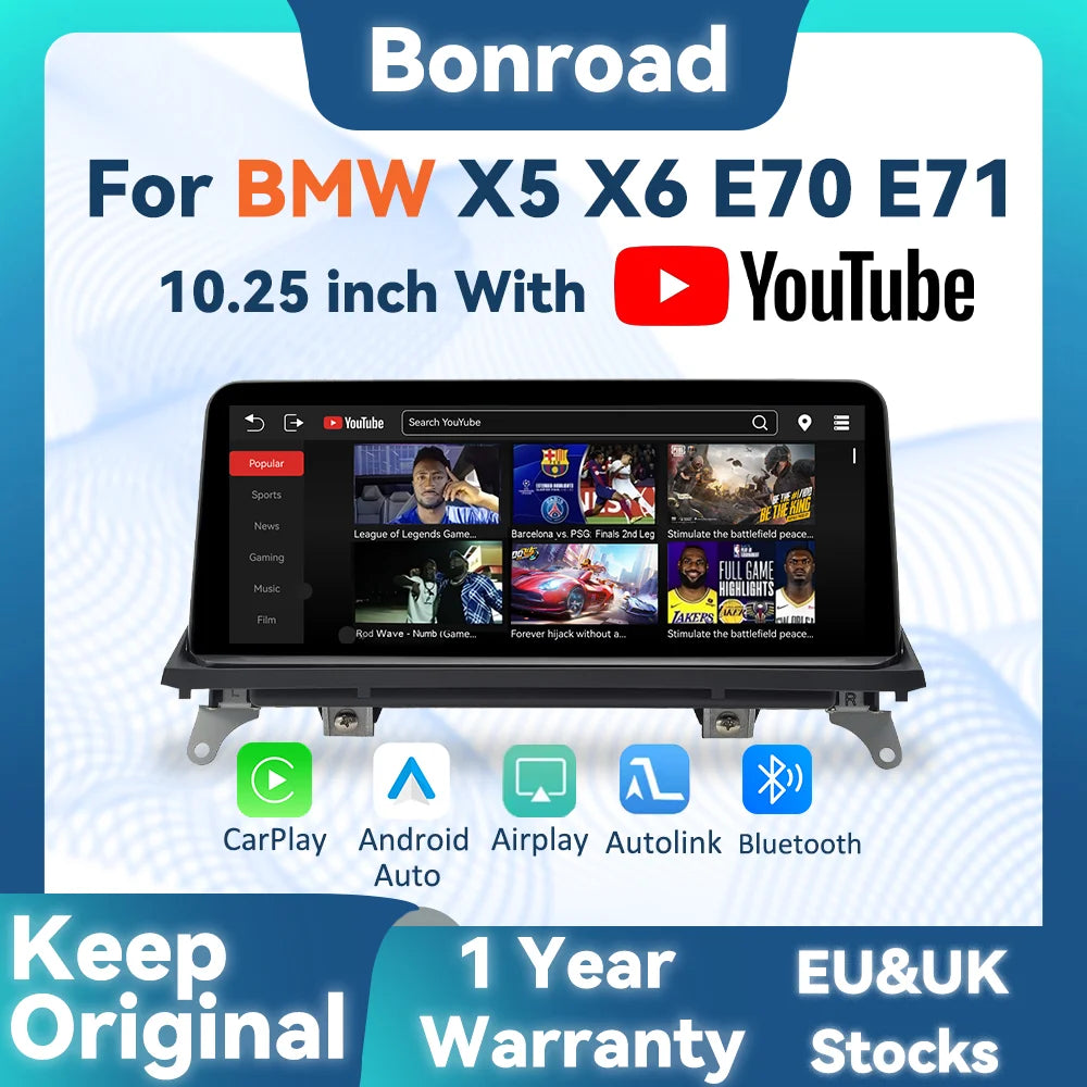 BONROAD 10.25 inch Wireless CarPlay Android Auto With Youtube Airplay Android Auto Linux Car Radio Monitor For BMW X5 X6 E70 E71 CCC CIC system GPS Navigation Multimedia Display Car Stereo Touch Screen
