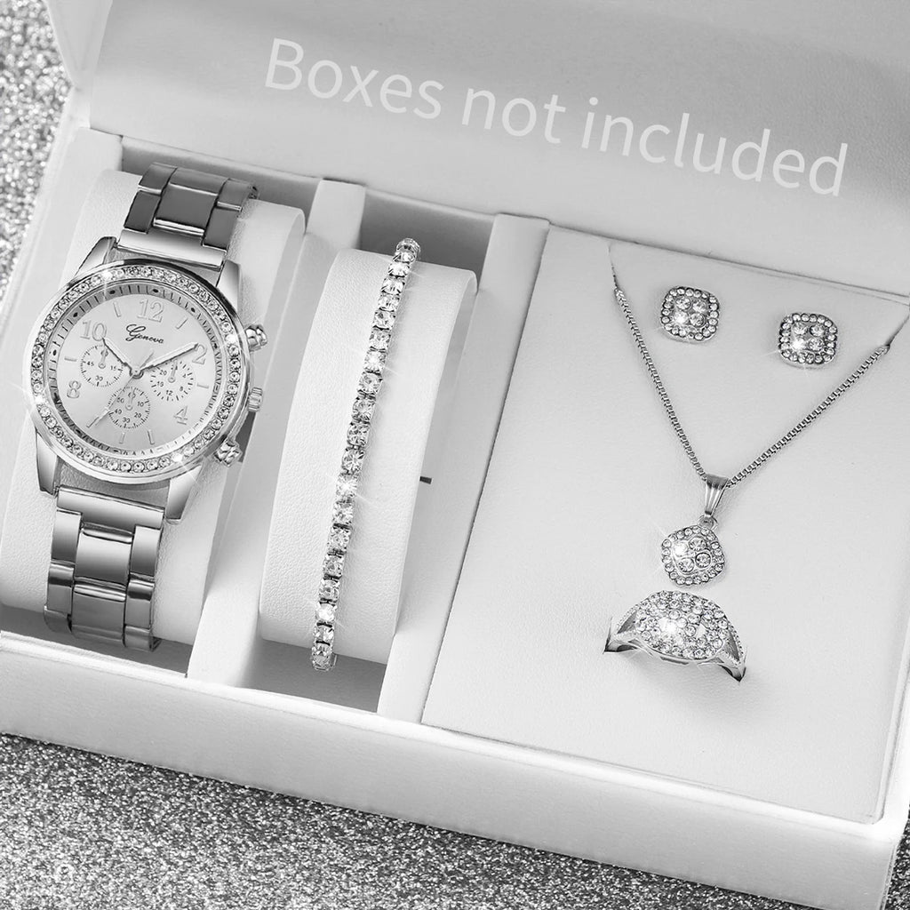 6PCS/Set Women's Watch Fashion Rhinestone Stainless Steel Band Quartz Watch Jewelry Set Reloj Mujer (Without Box)