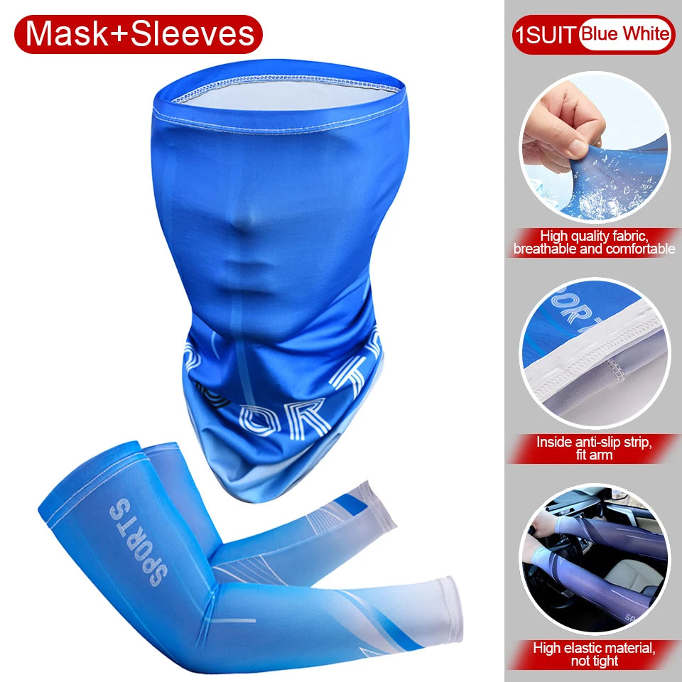 2Pcs Set Summer Ice Silk Cycling Arm Sleeves Breathable Bandana Mask Combination Suit Elastic Cold UV Sun Protection