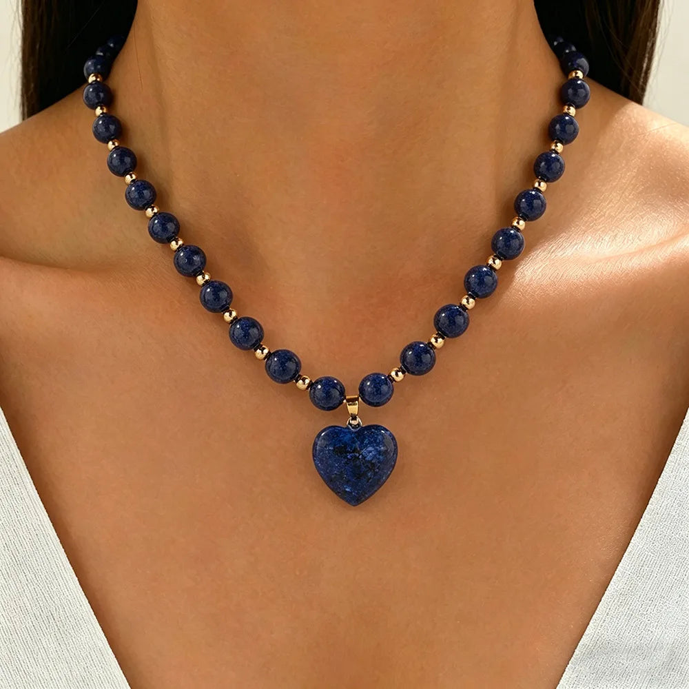Fashion Ins Heart Stone Pendant Necklace for Women Bohemian CCB Beaded Necklace Jewelry Party Girlfriend Gifts