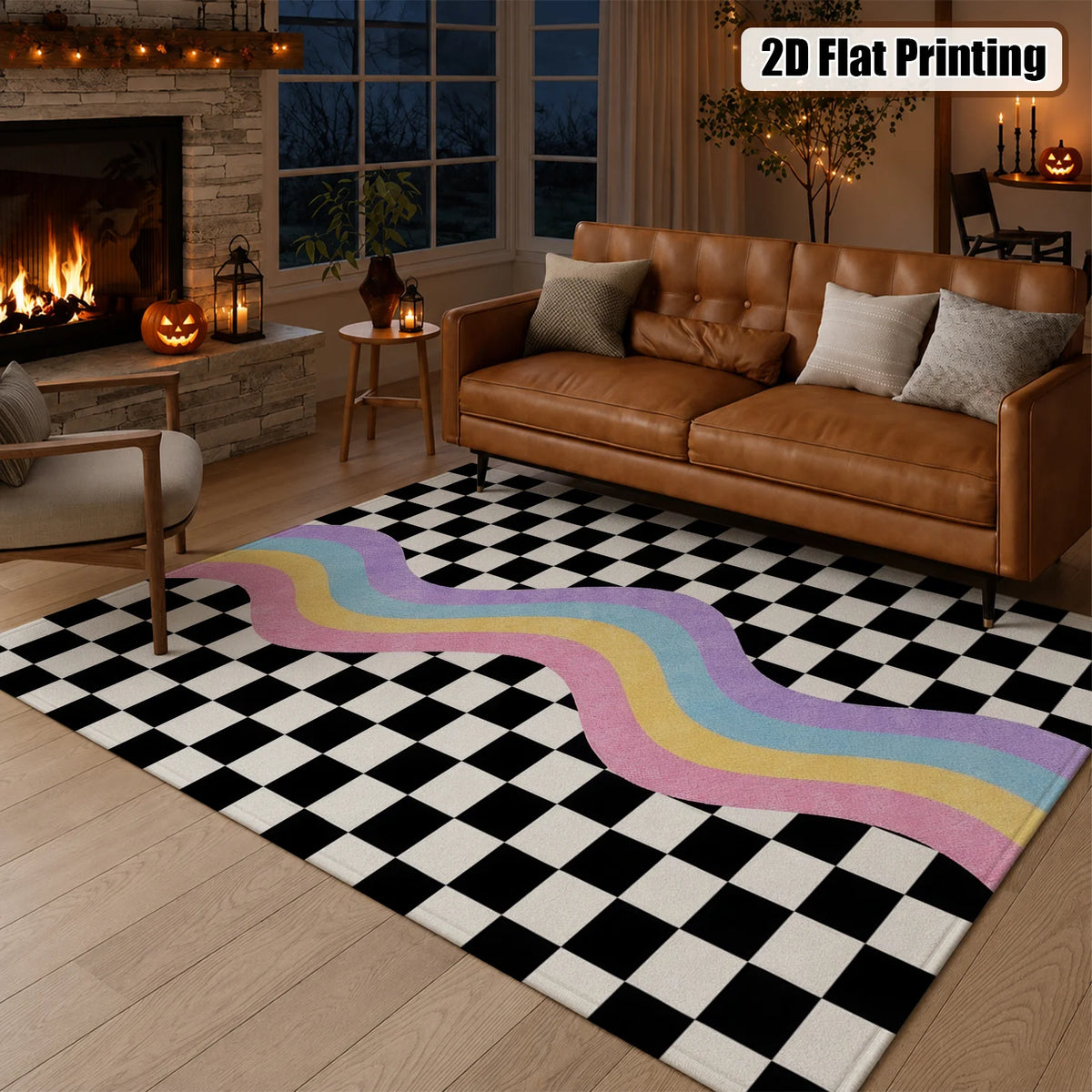 Large Indoor Area Rug, Soft Velvet Low Pile Checkered Retro Rainbow Wave Rug, Non-slip Dotted Backing, Machine Washable for Living Room, Bedroom