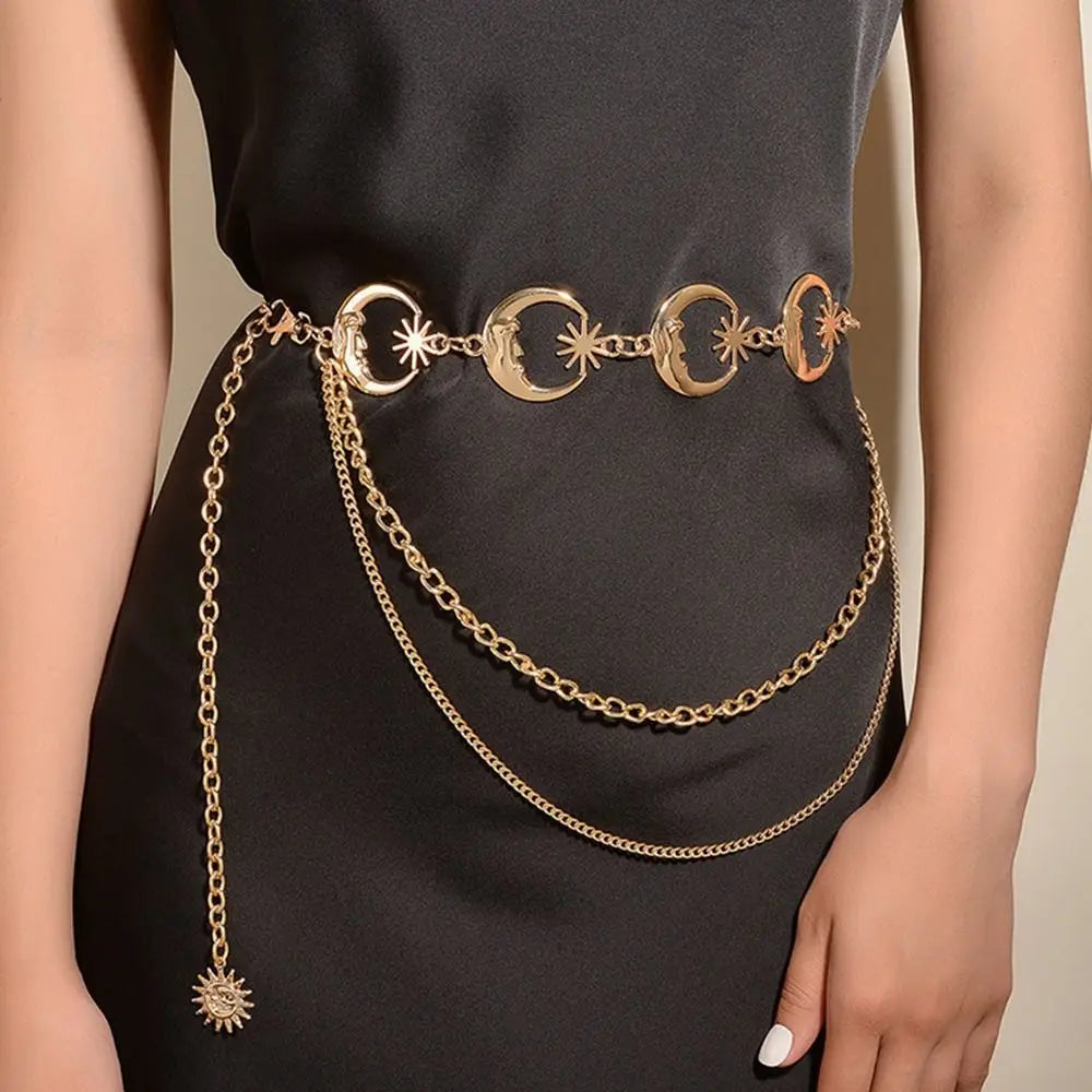 Punk Hip Hop Style Thin Waist Chain Sun Moon Star Women Chain Belt Vintage Fashion Metal Alloy Waistband Clothing Accessories