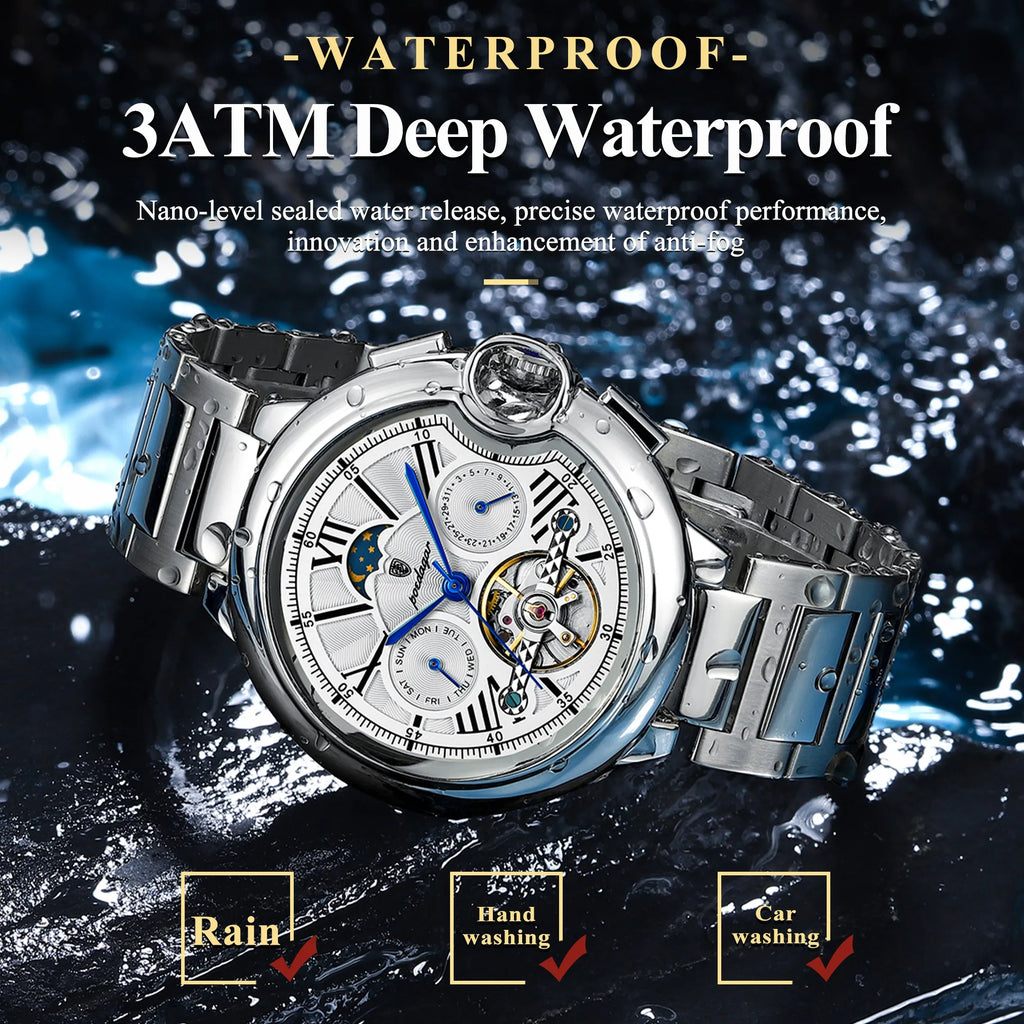 POEDAGAR Luxury Business Male Watch Date Week Stainless Steel Tourbillon Men Clock Waterproof Automatic Mechanical Men's Watches