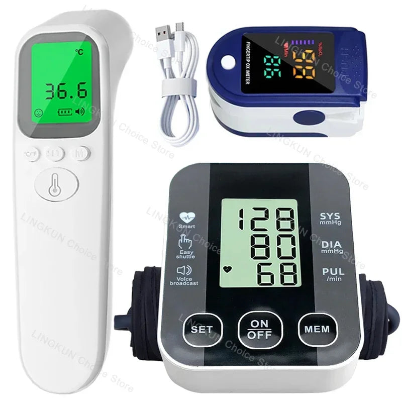 Medical Arm Blood Pressure Meter Tensiometers Tonometer Cuff Fever Thermometer Oximeter Heart Rate 3 IN 1 Set