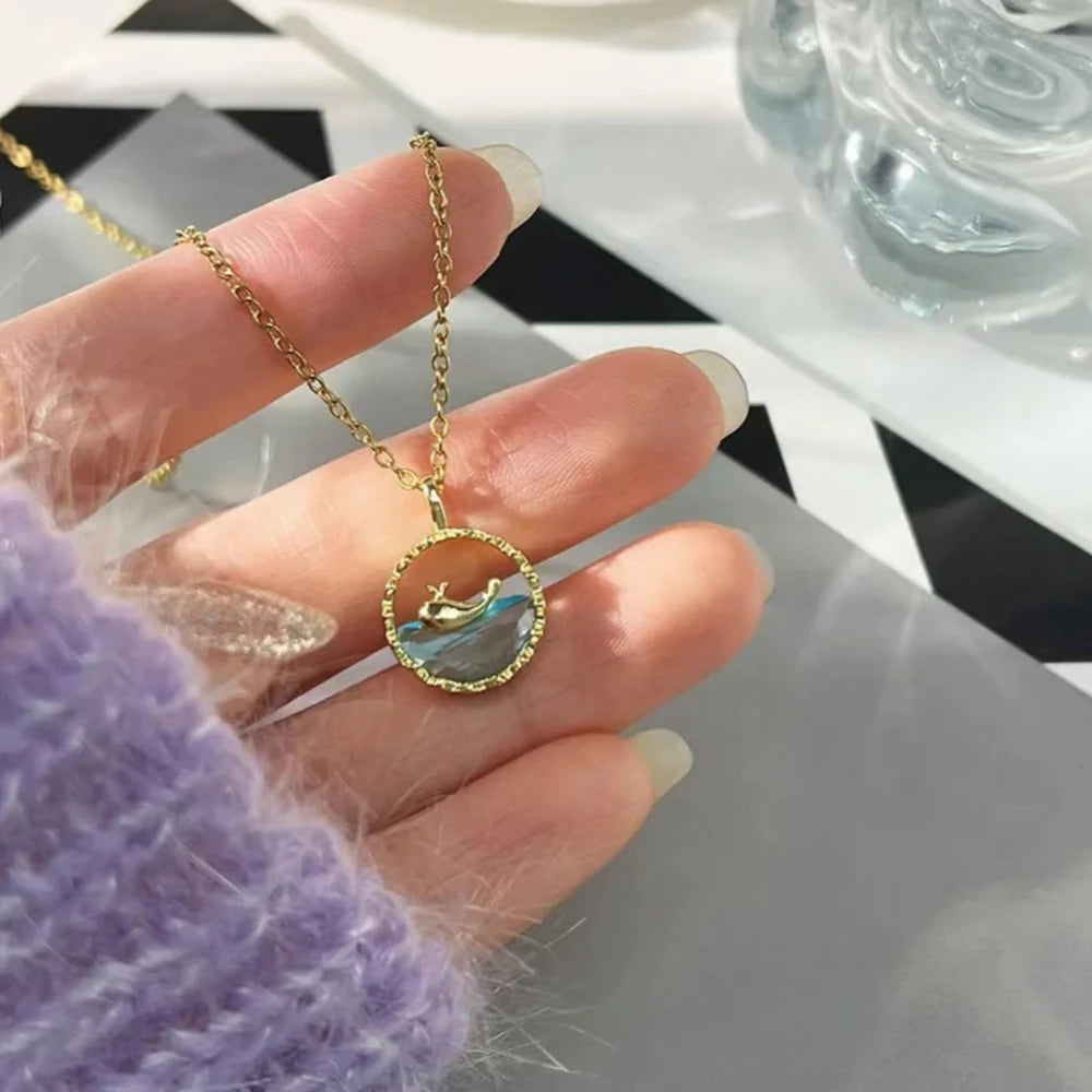 Stainless Steel Cute Sweet Blue Crystal Sea Whale Pendant Necklace for Women New Creative Design Summer Collar Jewelry Colorfast