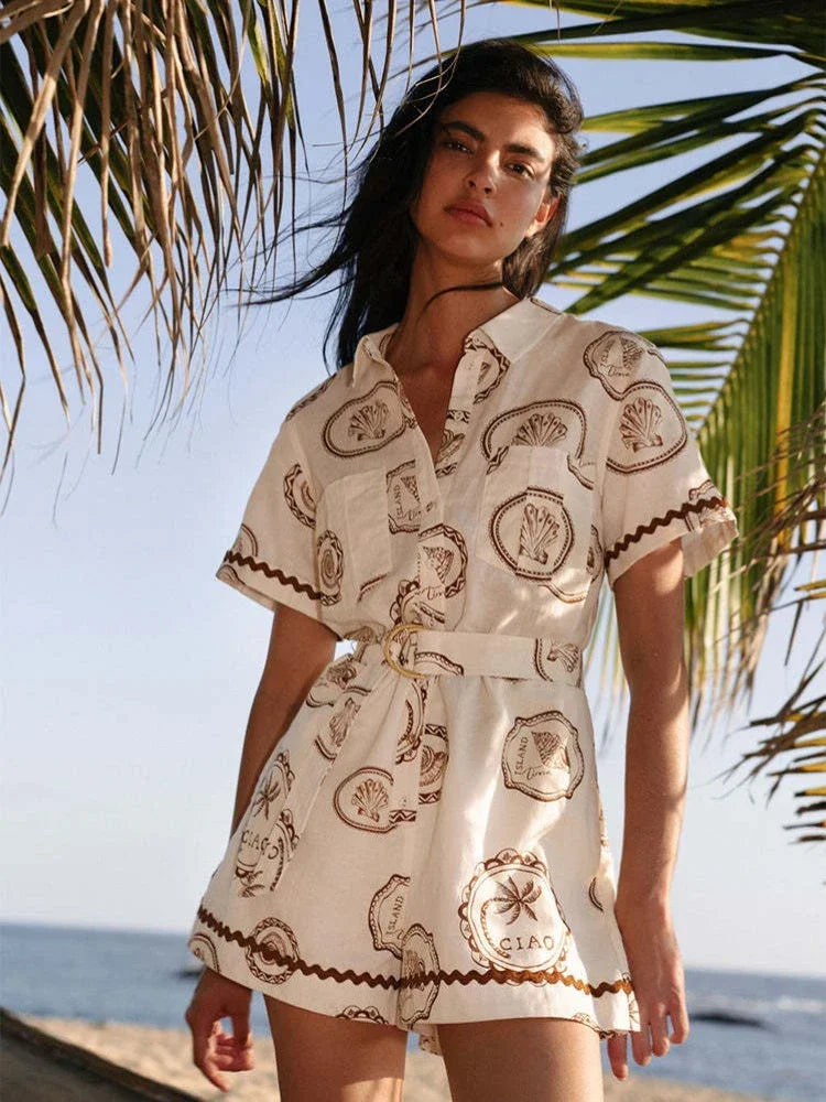 Women's Summer Jumpsuit 2025 Summer New Elegant Print Three Quarter Sleeve Lace Up Jumpsuits Fashionable Casual Loose Jumpsuits