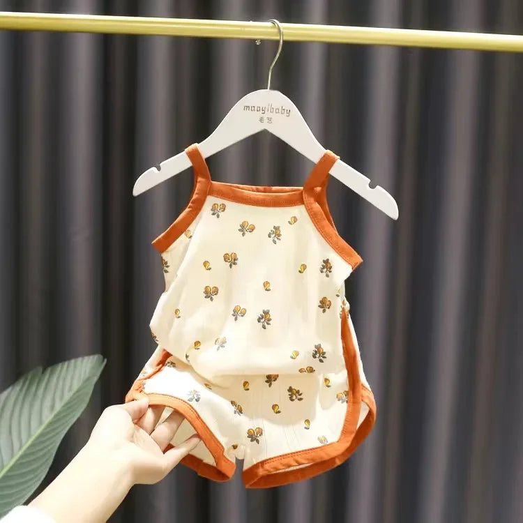 Baby Clothes Sets Summer Toddler Girl Strap Suits Cotton Printing Kids Boy Tops Tee and Shorts Infant Tracksuit Newborn Set