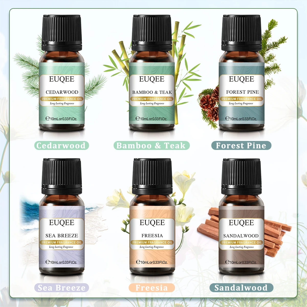 EUQEE 6PCS Fragrance Oils Gift Set For Candle Making - 10ml Sea Breeze,Forest Pine,Bamboo & Teak,Cedarwood,Sandalwood,Freesia