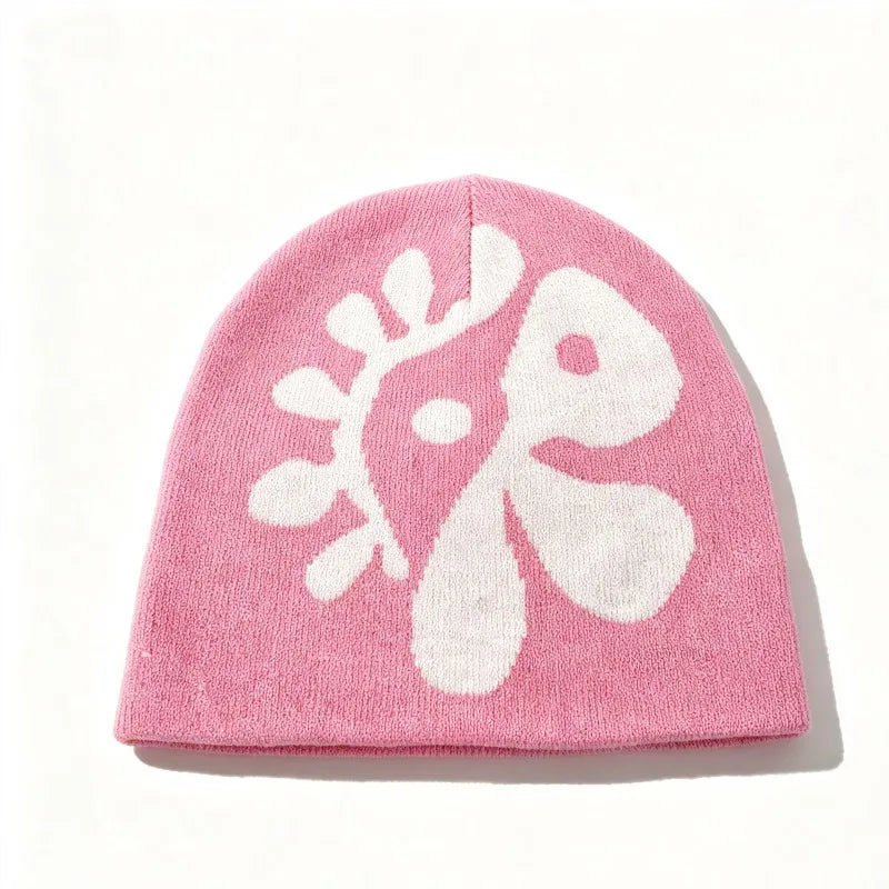 1pc Women Floral Knit Beanie Hat Flower Jacquard Skullcap Soft Stretchy Warm Cozy Headwear for Fall Winter Casual Street Outfits