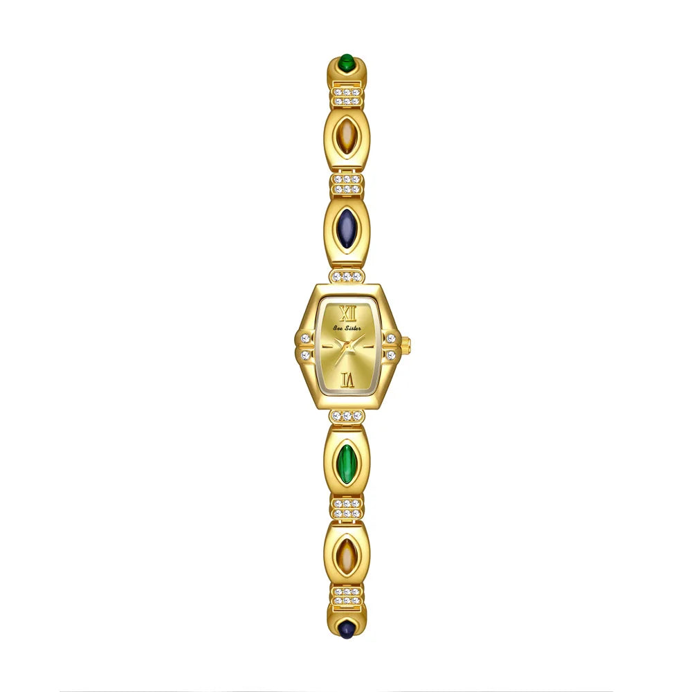 NEW Retro Luxury Women's Watches with Colored Gemstones Barrel-Shaped Small Dial Bracelet-Style Quartz Wristwatch for Women