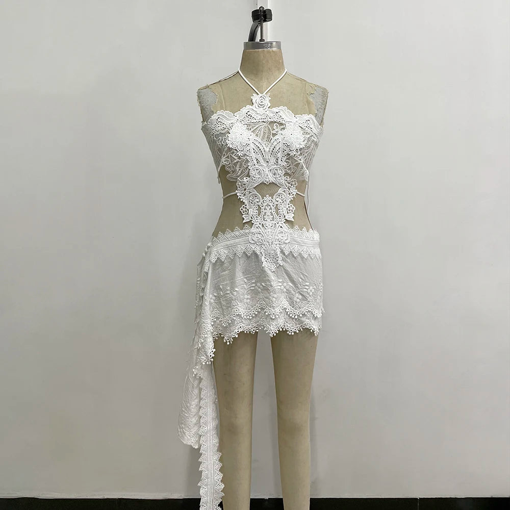 Women Openwork Short Lace Stylish Ruffled mini Dress Halter Neck See-Through Floral Lace Suitable Vacation Nightclub Wear
