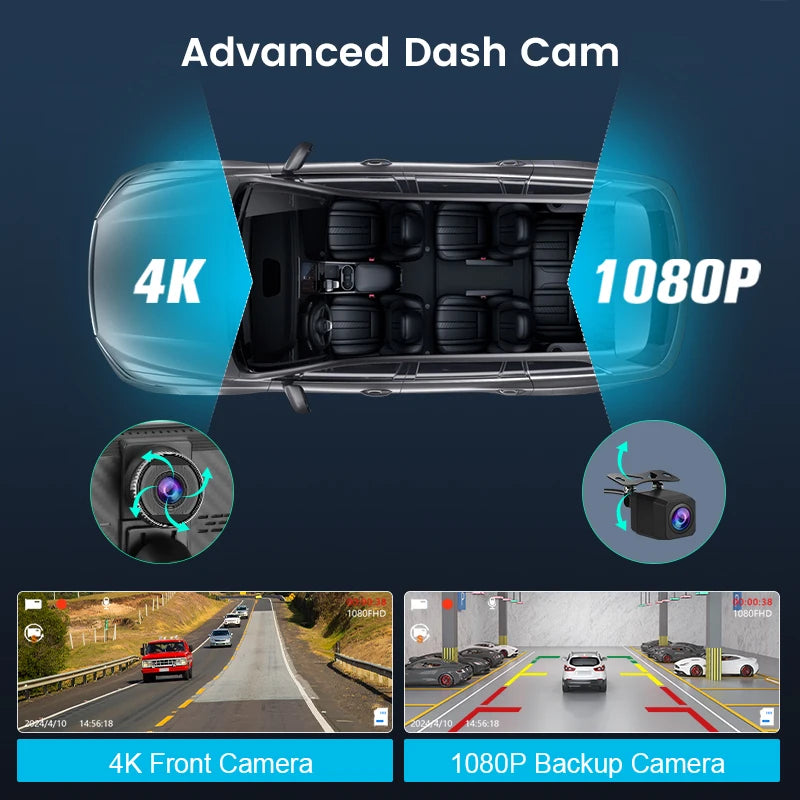 Junsun 10.26 Inch 4K Dash Cam Wireless Apple CarPlay Android Auto GPS Navigation Dual Lens DVR WiFi Rear View Camera Touch Screen Video Recorder Loop Recording G Sensor Multimedia Display
