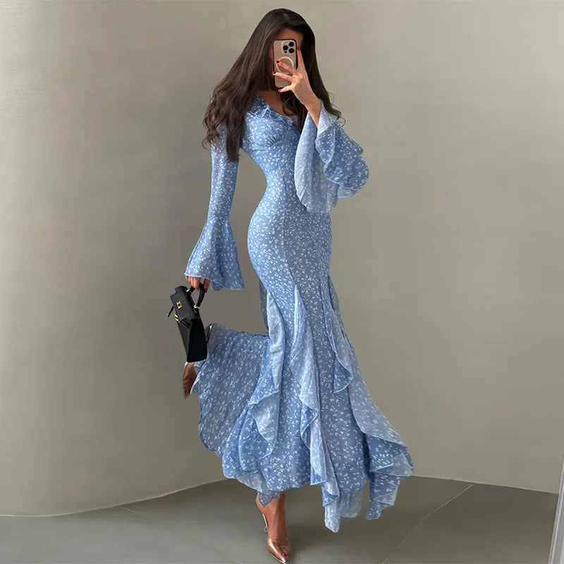 Women Printed V Neck Long Dress Flared Sleeve Lotus Leaf Edge High Waist Slim Fit Maxi Dresses Lady Elegant Evening Party Dress