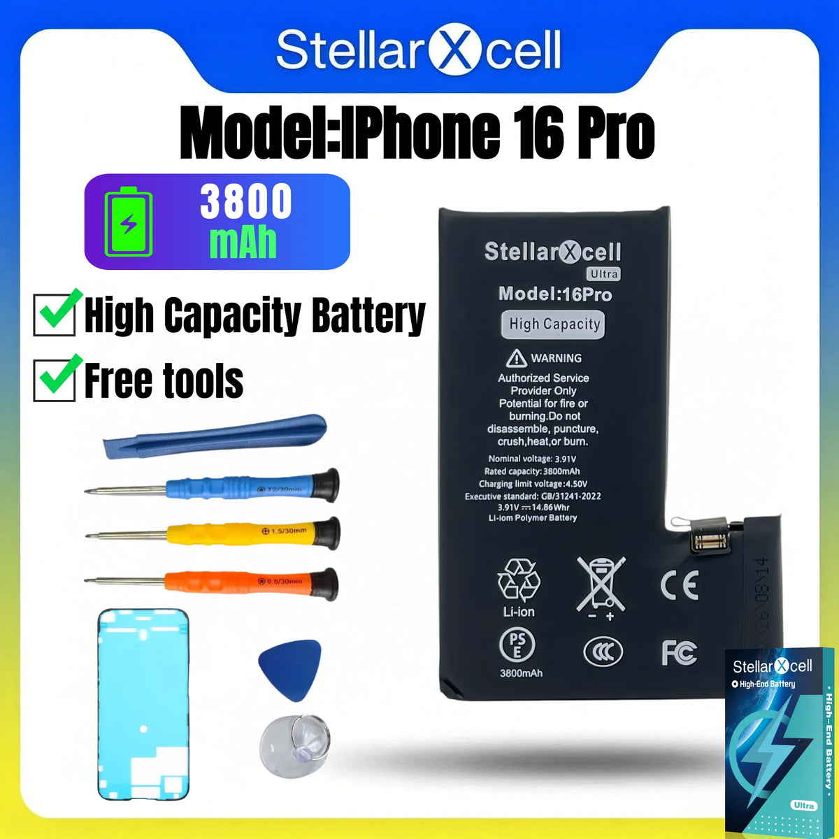 StellarXcell Ultra Original Battery High Capacity Cell for iPhone 7037 TI for 11 12 13 14 15 Pro Plus promax mini with Free Tool