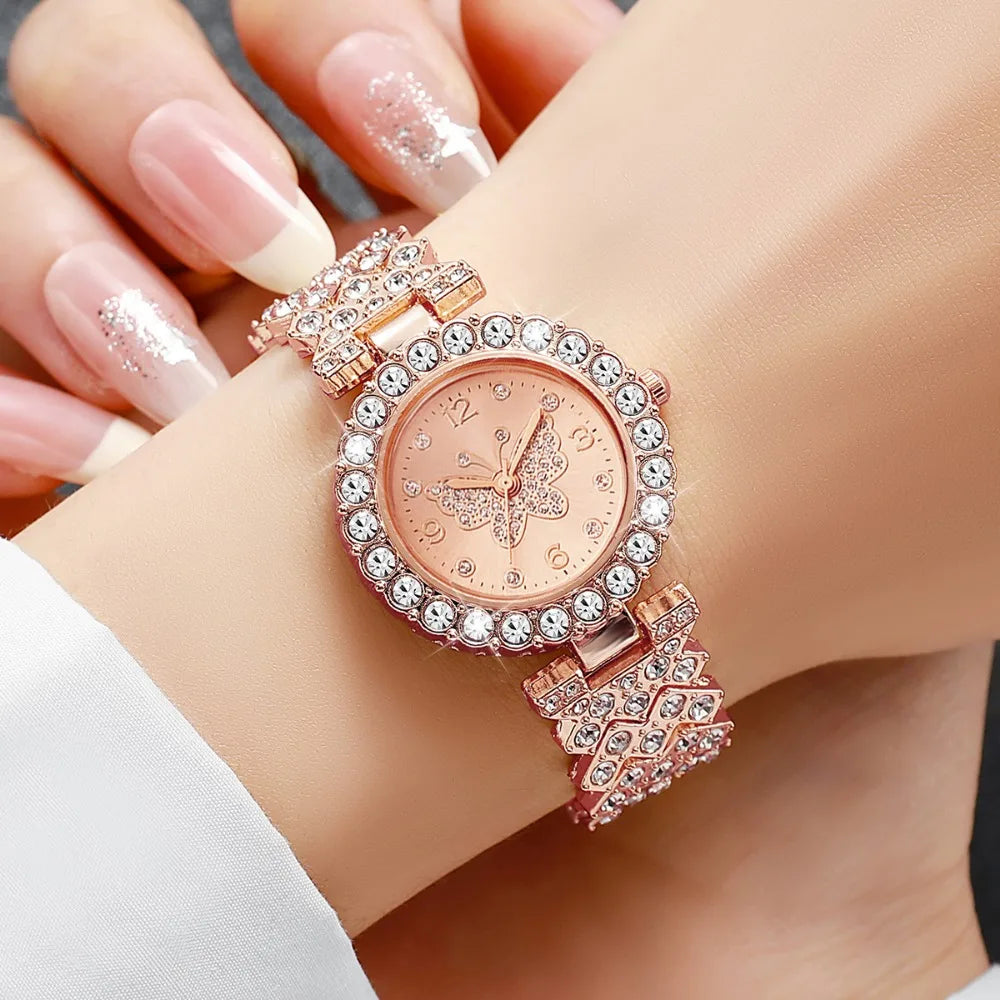 5PCS Luxury Rhinestone Butterfly Dial Women's Quartz Watch Elegant Ladies Bracelet Wristwatch Jewelry Set（Without Box）