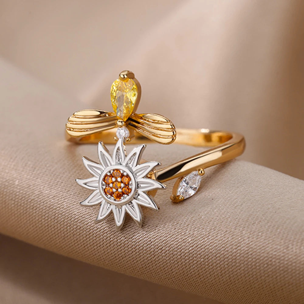 Anti-Stress Anxiety Rings for Women Gold Color Open Adjustable Rotating Ring Aesthetic Wedding Fashion Jewelry Gift