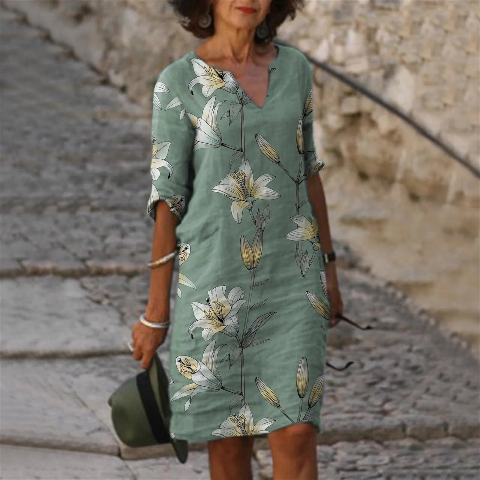 Mom Casual Dresses V Neck Elegant Retro Printed Medium Sleeved Dress Summer Fashion Streetwear Maxi Vestidos For Daily Fit