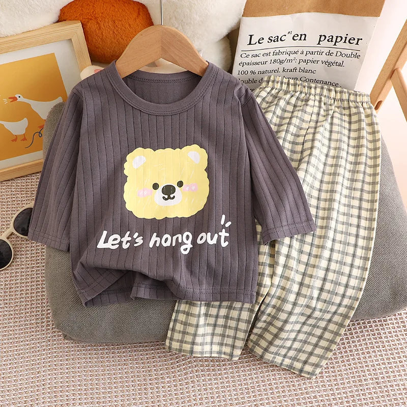 Cute Bear Print Baby Clothing Set Children Long Sleeve+ Pants Two Pieces Suit Kids Cotton Pullover Top Tee Girl Boy Casual