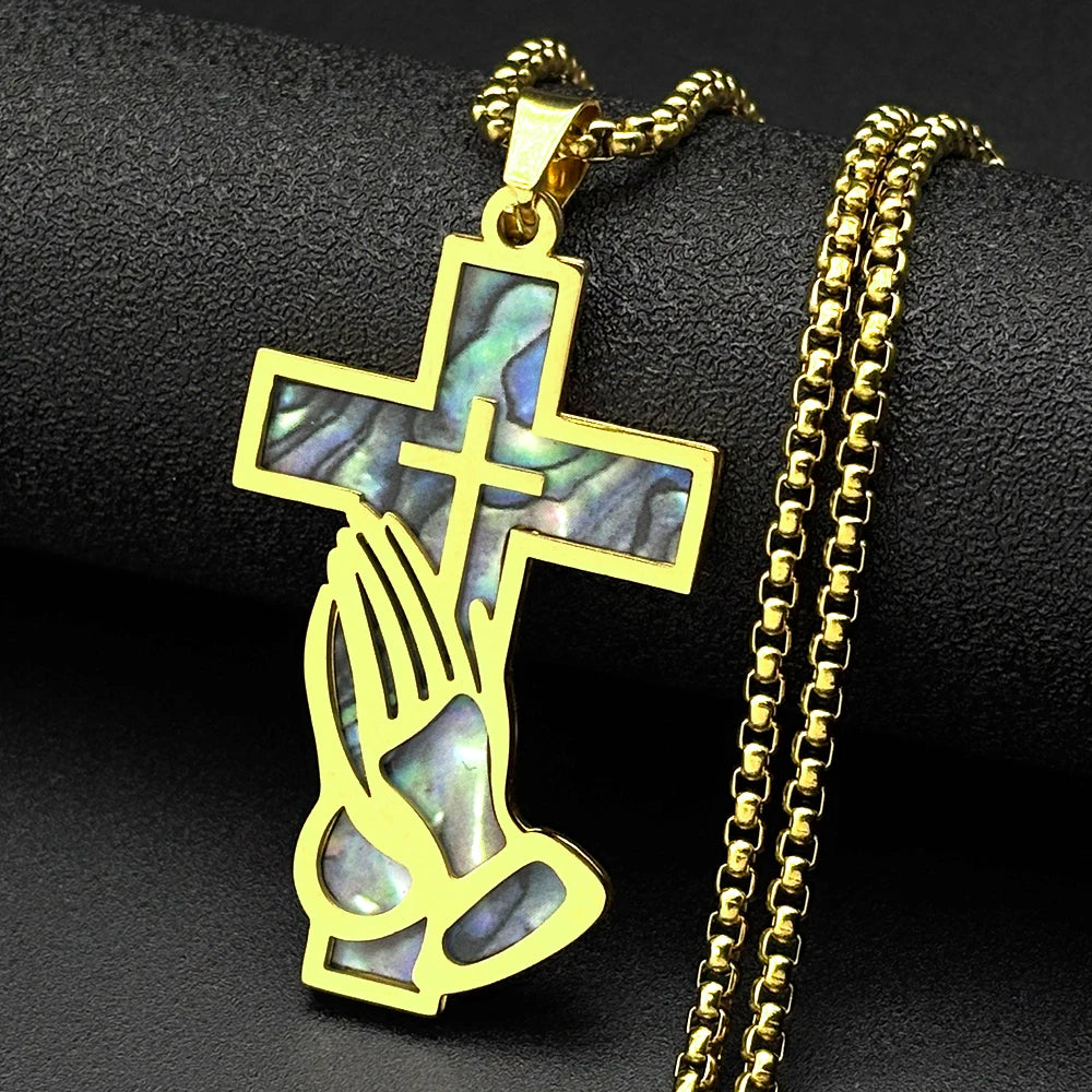 Jesus Cross Praying Hand Imitation Abalone Shell Stainless Steel Pendant Necklaces for Women Men Gold Color Christian Jewelry
