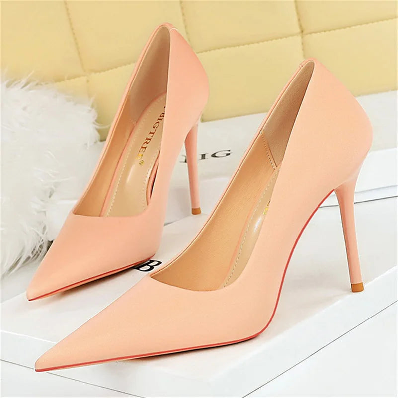 Women 10cm High Heels Satin Silk Dress Stiletto Fashion Pumps Lady Wedding Bridal Escarpin Catwalk Green Purple Peach Prom Shoes
