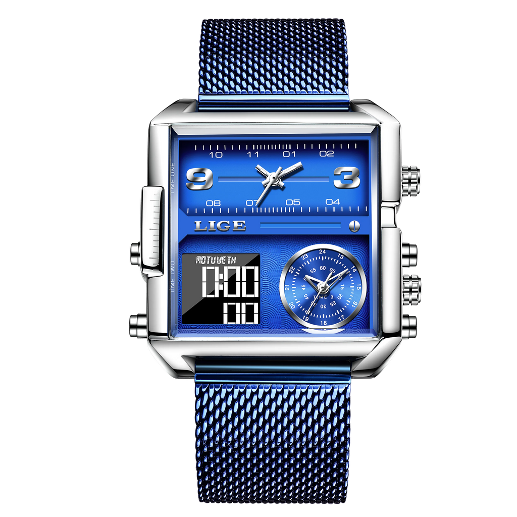LIGE New Top Brand Luxury Fashion Men Watches Gold Steel Sports Square Digital Analog Big Quartz Watch for Man relogio masculino