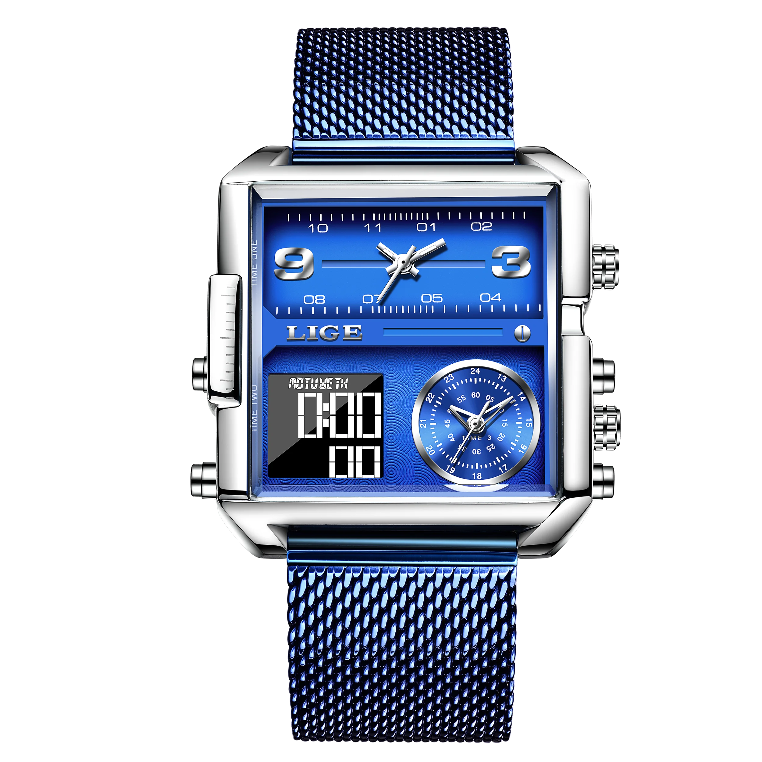 LIGE New Top Brand Luxury Fashion Men Watches Gold Steel Sports Square Digital Analog Big Quartz Watch for Man relogio masculino
