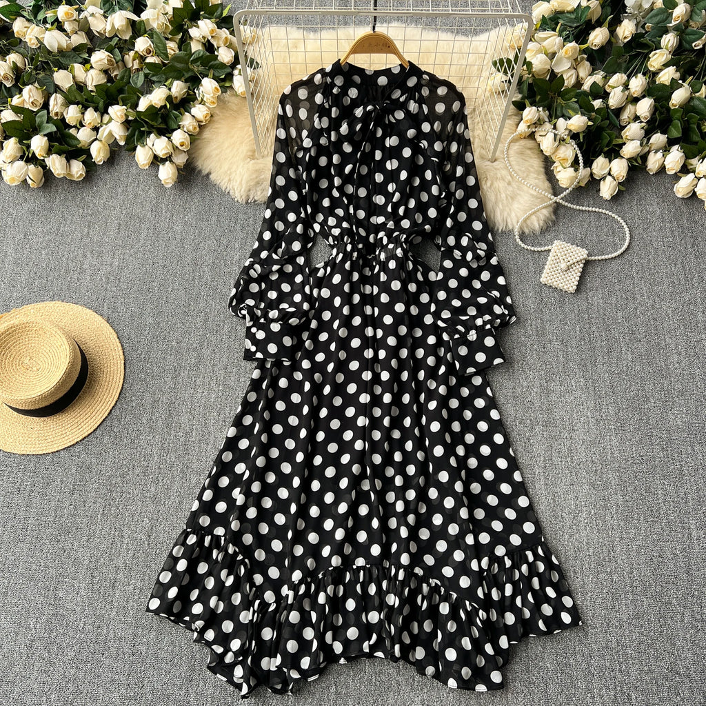 Retro Elegant Pleated Puff Sleeves dot sweet Dress Beach Vacation Casual Women A-LINE chiffon Fashion Summer basics Dresses