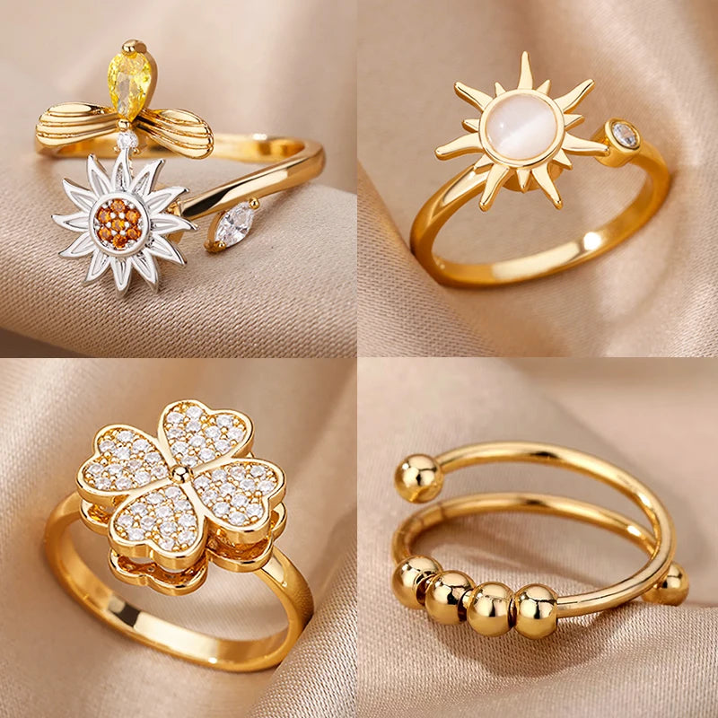 Anti-Stress Anxiety Rings for Women Gold Color Open Adjustable Rotating Ring Aesthetic Wedding Fashion Jewelry Gift