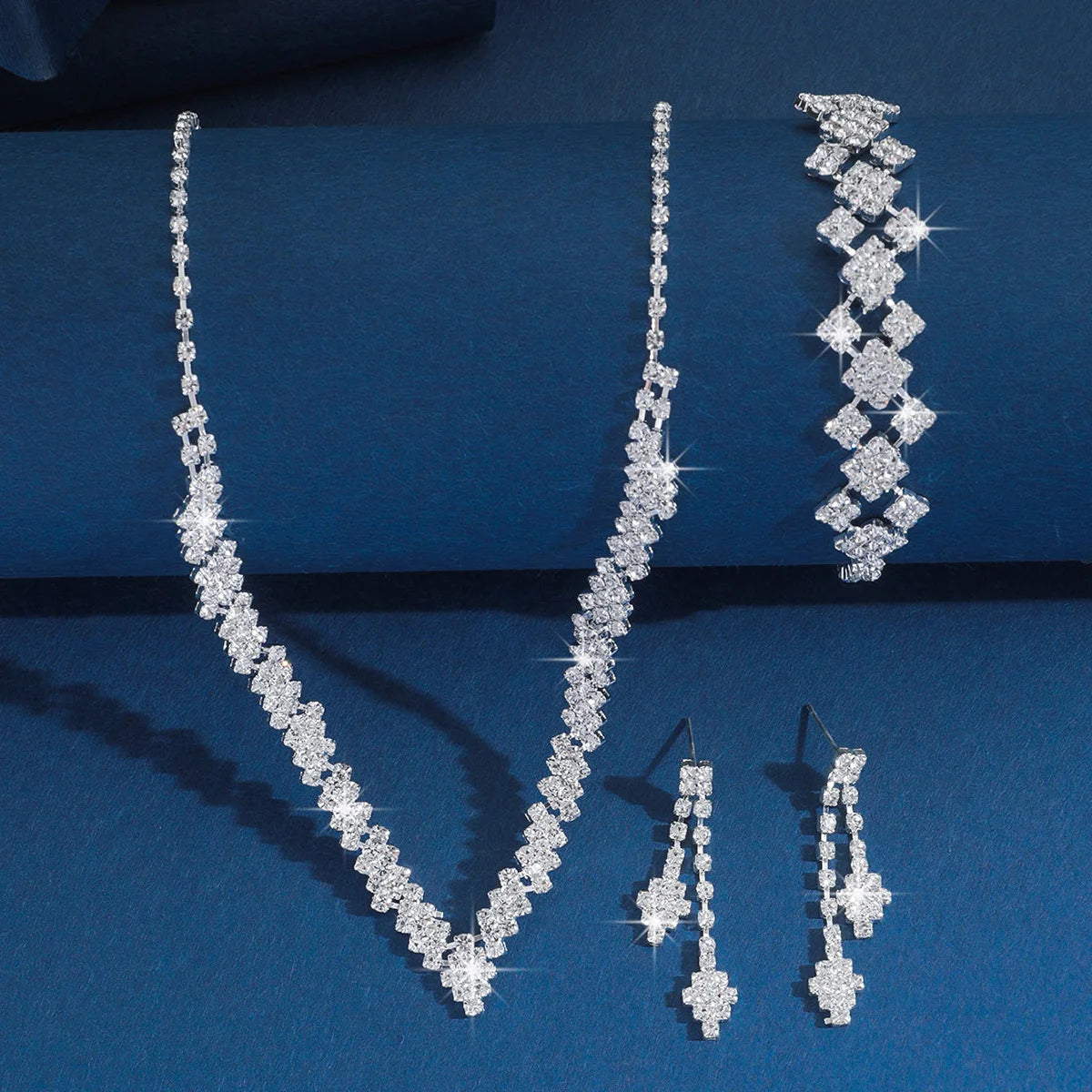 Fashionable Silver Plated Rhinestone Folding Tassel Earrings Necklace, Wedding Jewelry Gift, Fashionable Style