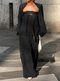 Freeacy Women's Stylish Jumpsuit Set Collarless Long Sleeve Outerwear and Strapless Wide Leg Jumpsuits Summer Loose Fit Suit